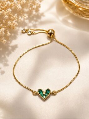 Gold Plated Bracelet with Green Heart Charm - Women Jewelry